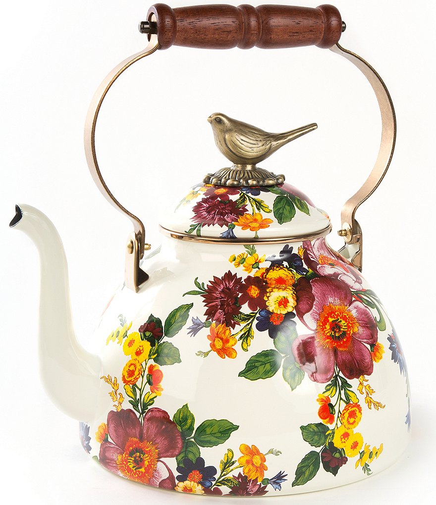 MacKenzie-Childs White Flower Market Bird Tea Kettle, 3 Qt.