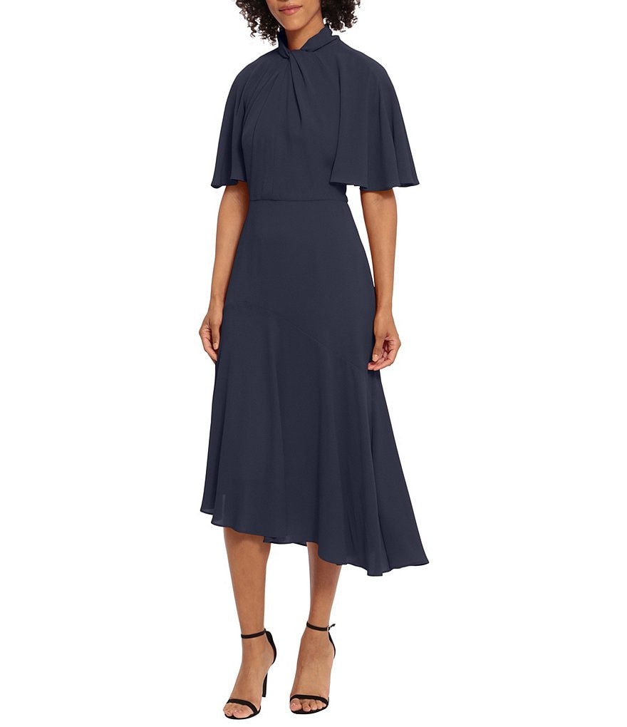 Estelle Ruched Asymmetric Hem Long Sleeve Jersey Midi Dress