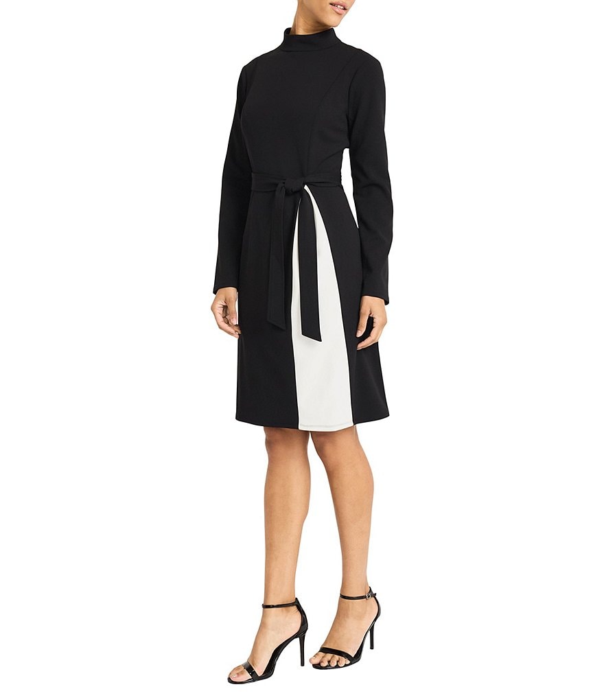 Maggy London Color Block Scuba Crepe Mock Beck Long Sleeve Self Tie Belt A Line Midi Dress Dillard s