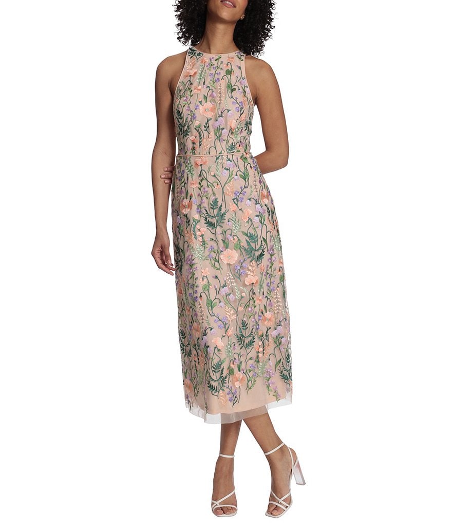 embroidered floral halter neck dress maggy london