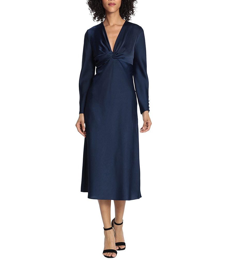 Maggy London Long Sleeve Satin Twisted V-Neck Knotted Midi Dress ...