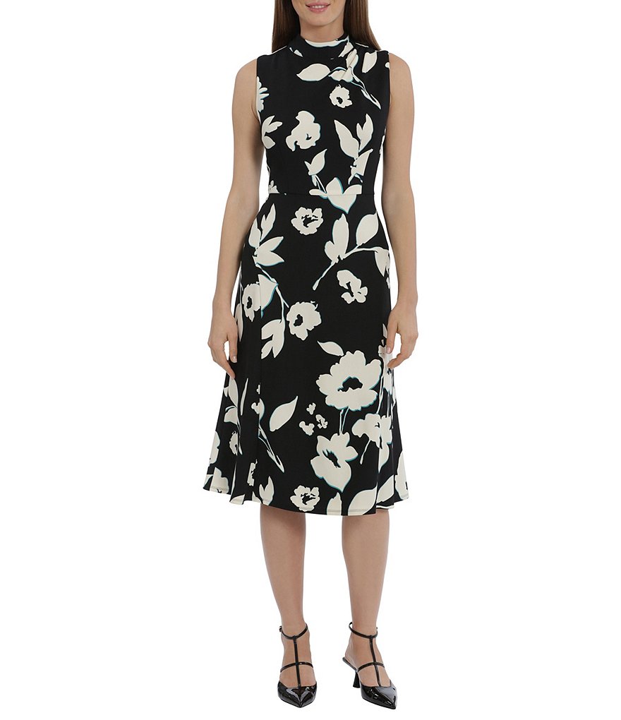 Maggy London Printed Stretch Crepe Mock Neck Sleeveless Dress