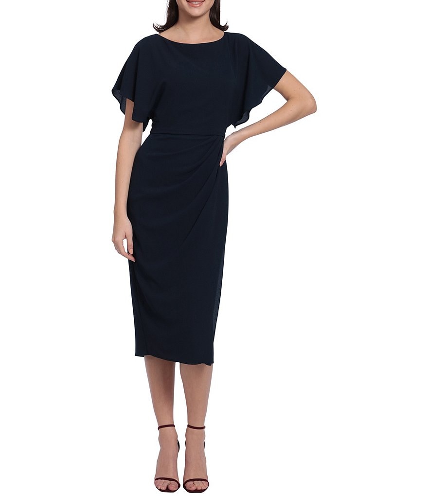 Maggy London Round Neck Dolman Short Sleeve Faux Wrap Sheath Midi Dress ...