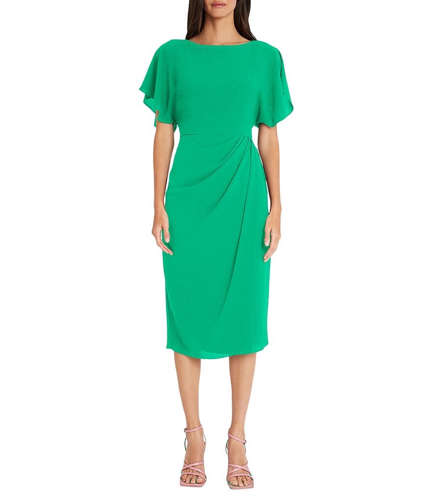 Maggy London Crew Neck Short Dolman Sleeve Faux Wrap Midi Sheath Dress