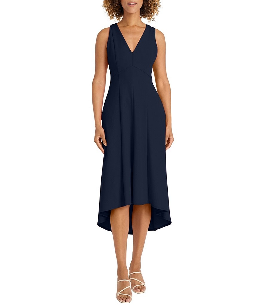 Maggy London Scuba Crepe V Neck Sleeveless Side Pocket Open Back High Low Midi Dress Dillard s