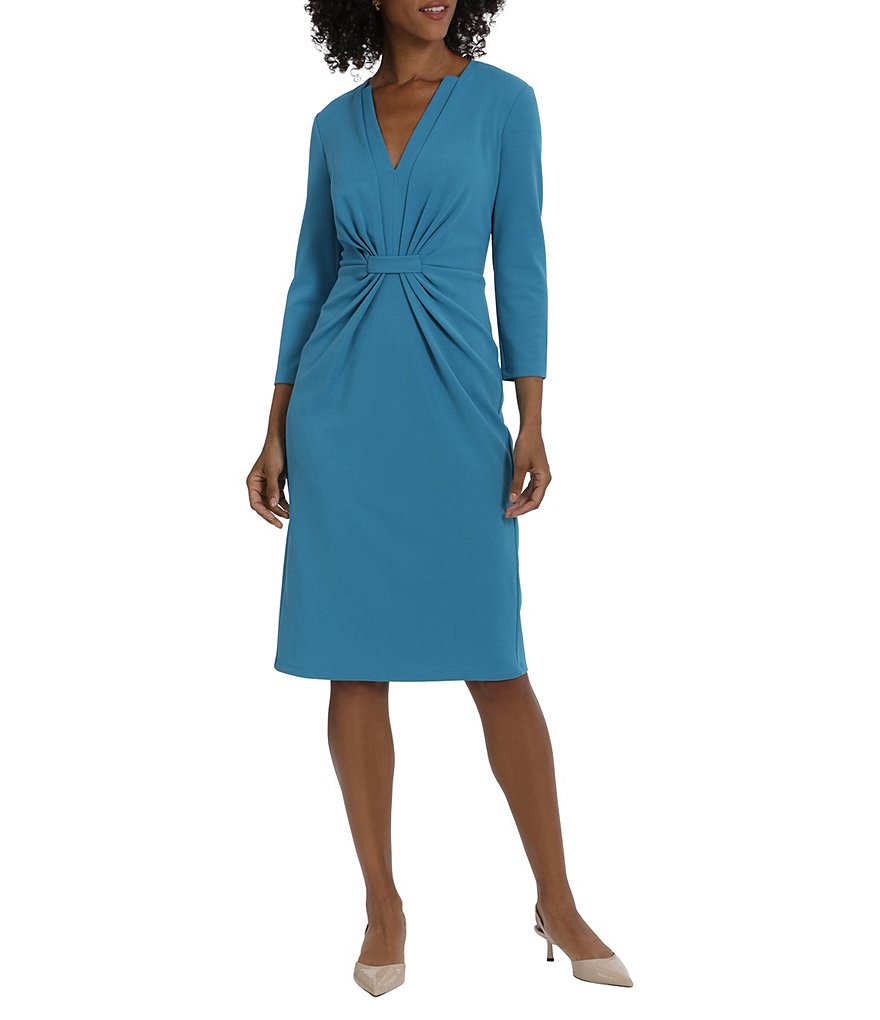 Maggy London Stretch V Neck 3 4 Sleeve Belted Waist Ruched Sheath Dress