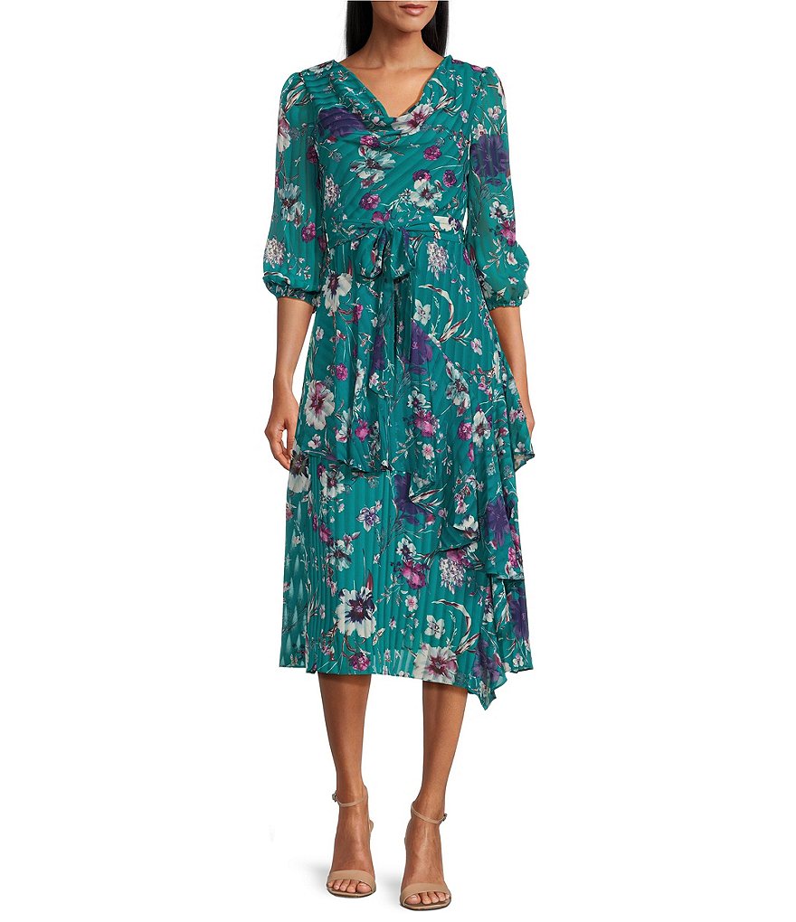 Maison Tara 3/4 Sleeve Cowl Neck Floral Chiffon Faux Wrap Dress | Dillard's