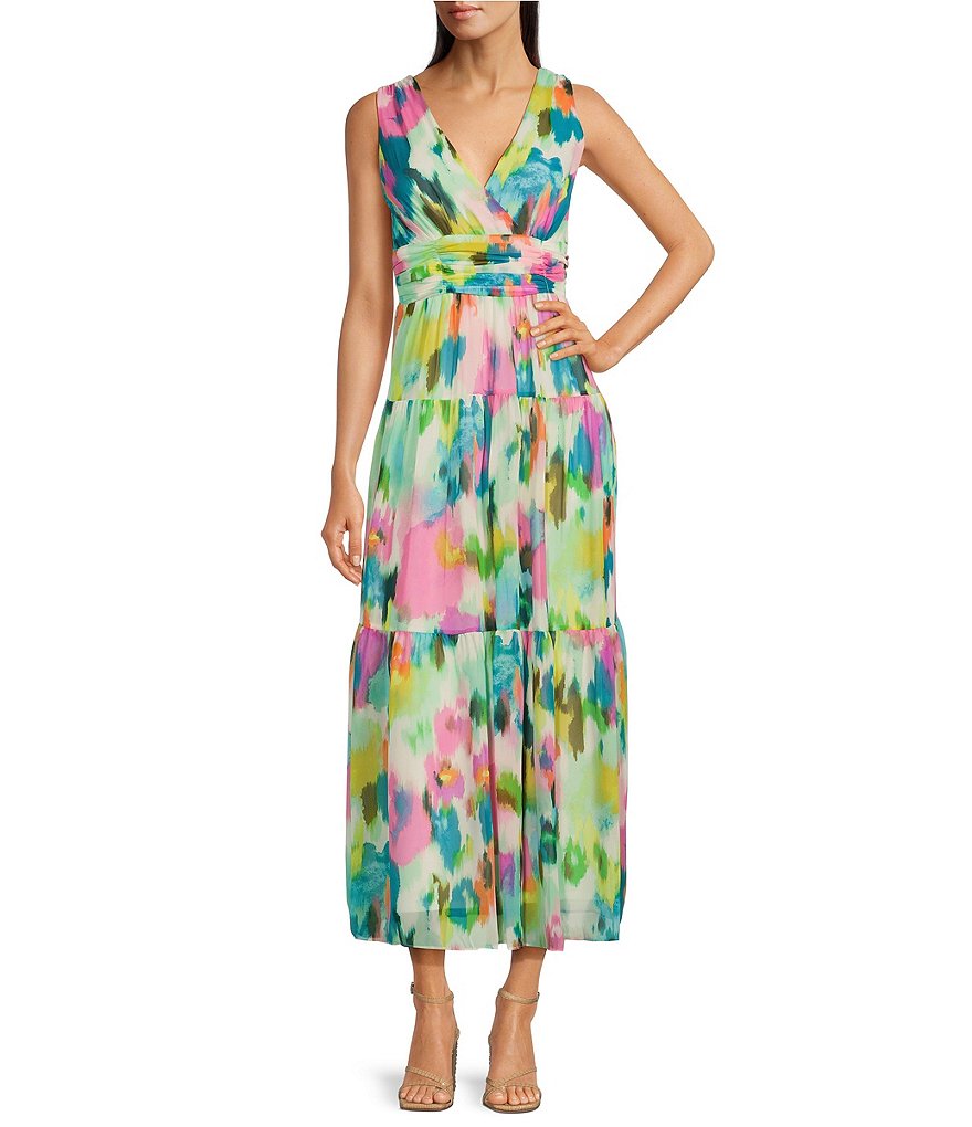 Maison Tara Abstract Printed Chiffon Midi Dress | Dillard's