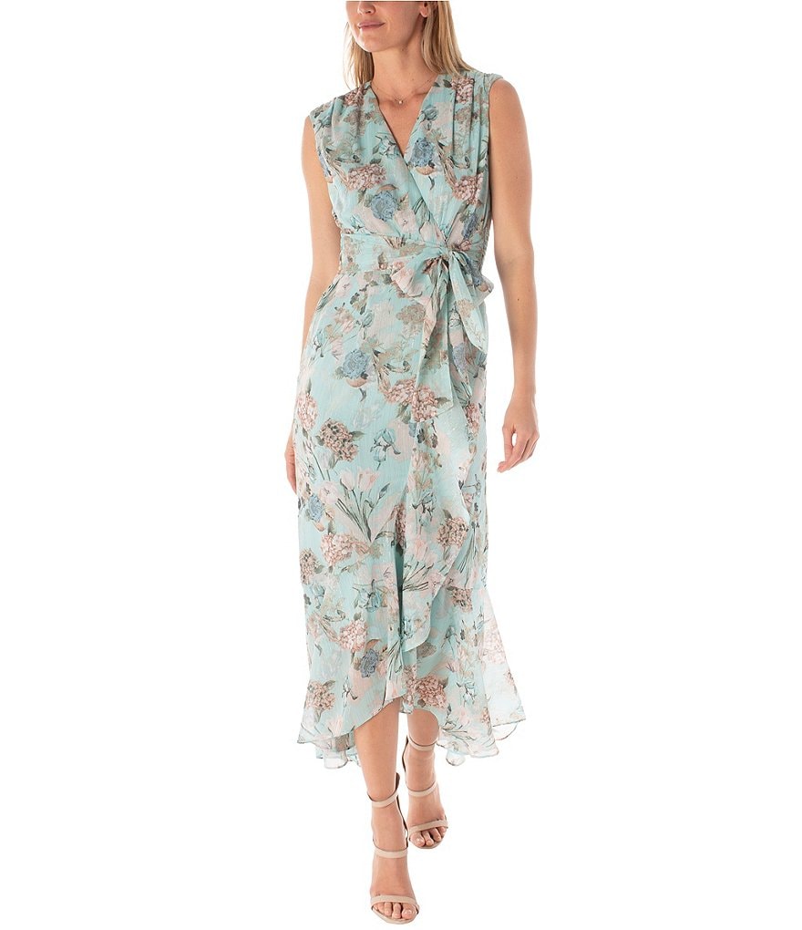 Maison Tara Sleeveless V-Neck Ruffle Hem Tie Waist Floral Chiffon Maxi ...