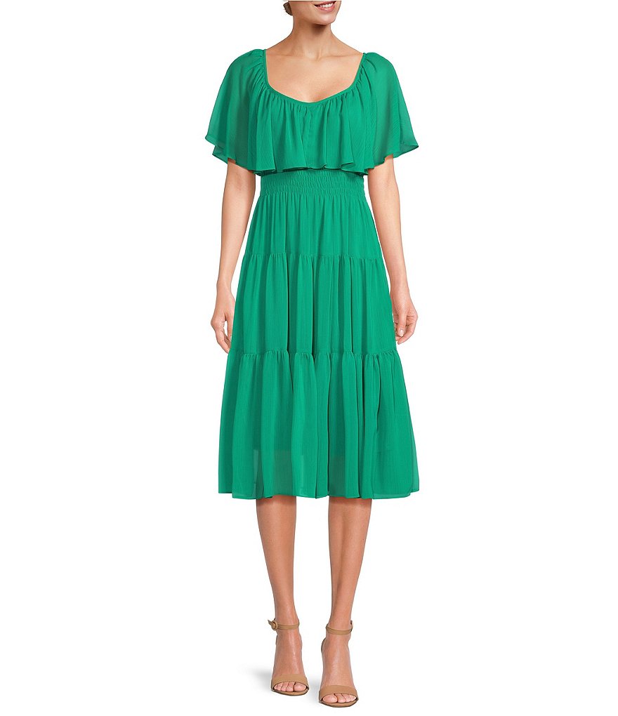 Maison Tara Smocked Waist Capelet A Line Dress | Dillard's