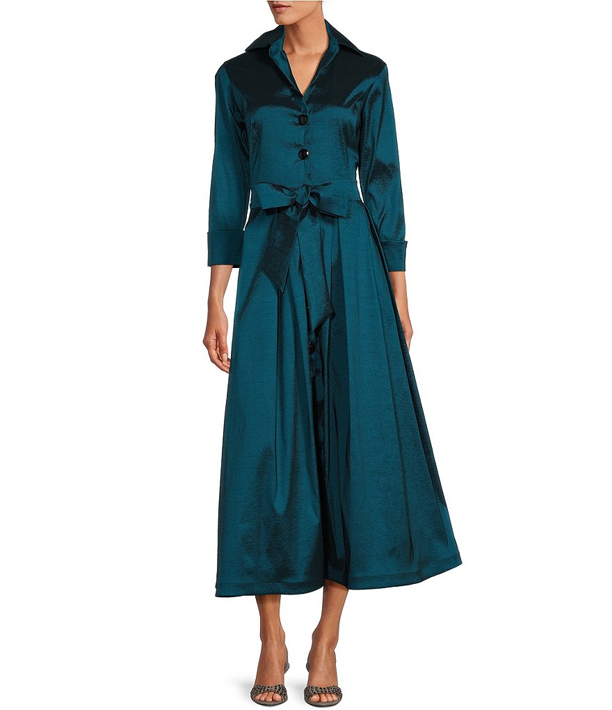 Marina 3/4 Sleeve Point Collar Neck Tie Waist Taffeta Midi A