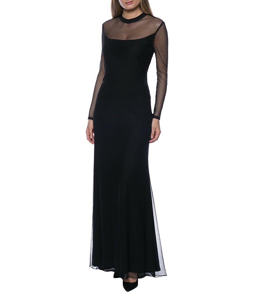 Marina Illusion Neck Long Mesh Sleeve Sheath Gown | Dillard's