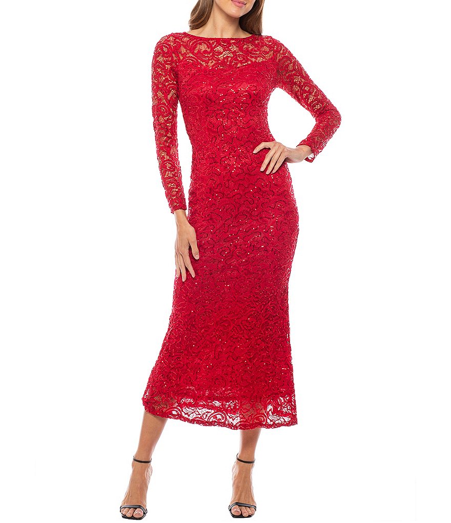 Marina Long Sleeve Illusion Boat Neck Sequin Lace Midi Dress Dillard s