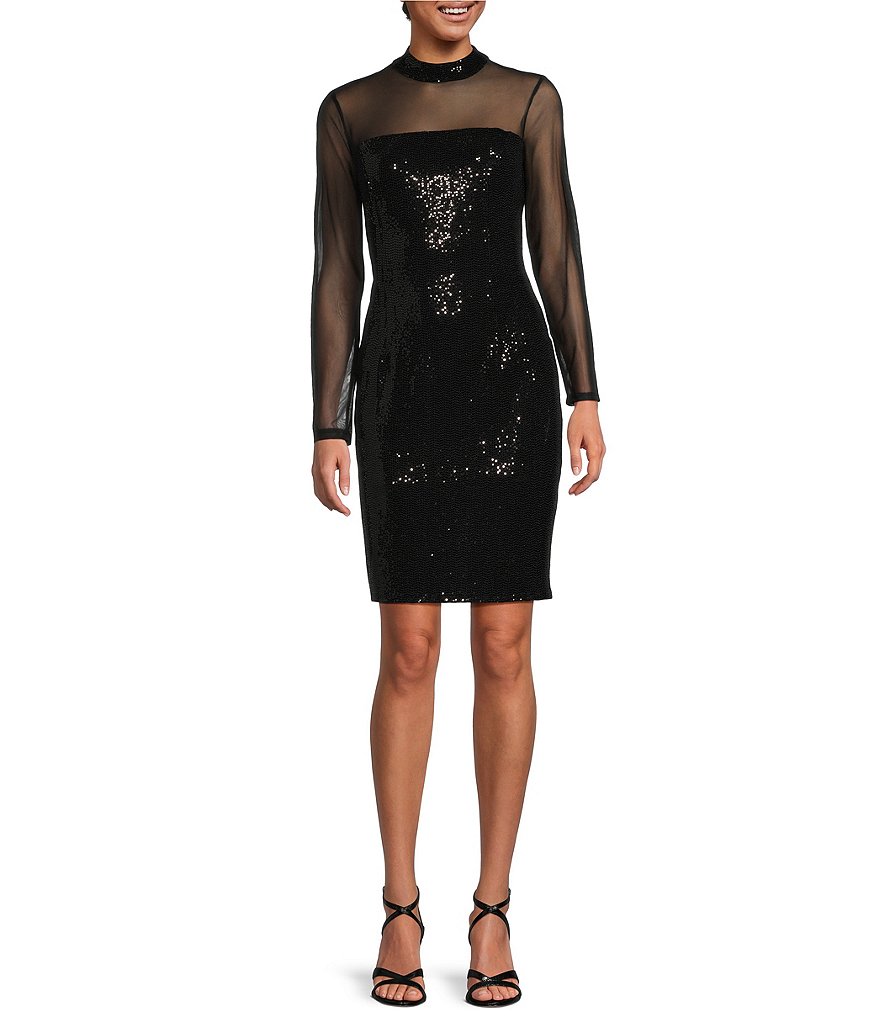 Marina Mesh Disco Dot Mock Neck Long Sleeve Cocktail Bodycon Dress Dillard s