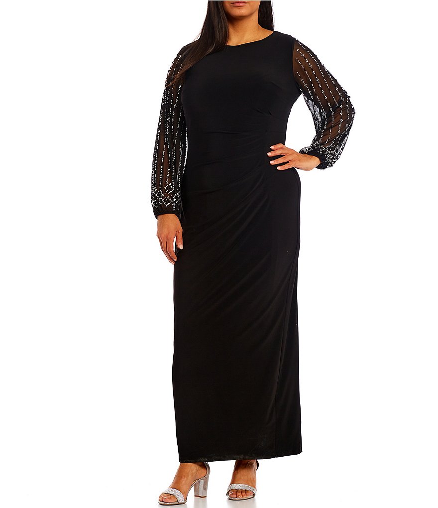 Marina Plus Size Boat Neck Long Beaded Sleeve Elastic Cuff Back Slit Matte Jersey Gown Dillards 4102