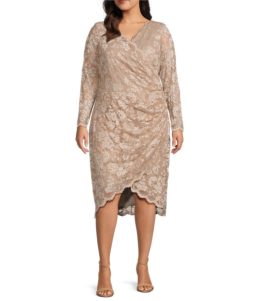 Marina Plus Size Long Sleeve V-Neck Scalloped Lace Dress | Dillard's