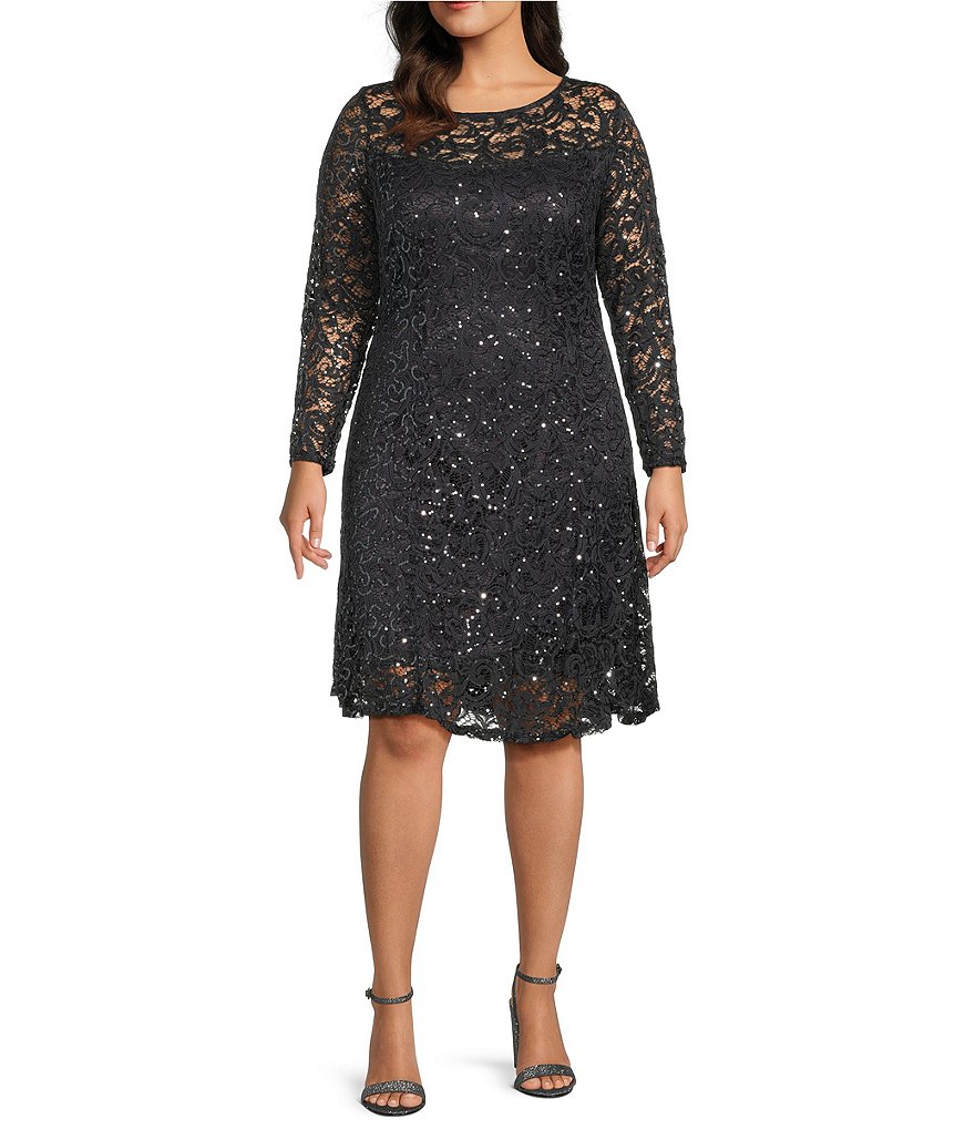 Marina Plus Size Sequin Lace Round Neck 3/4 Sleeve Dress | Dillard's