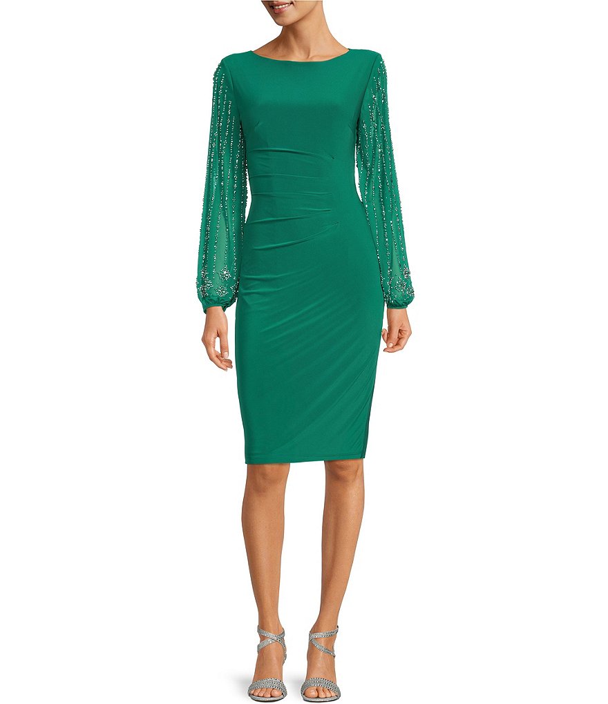 Marina Round Neck Beaded Lace Long Sleeve Side Drape Sheath Dress