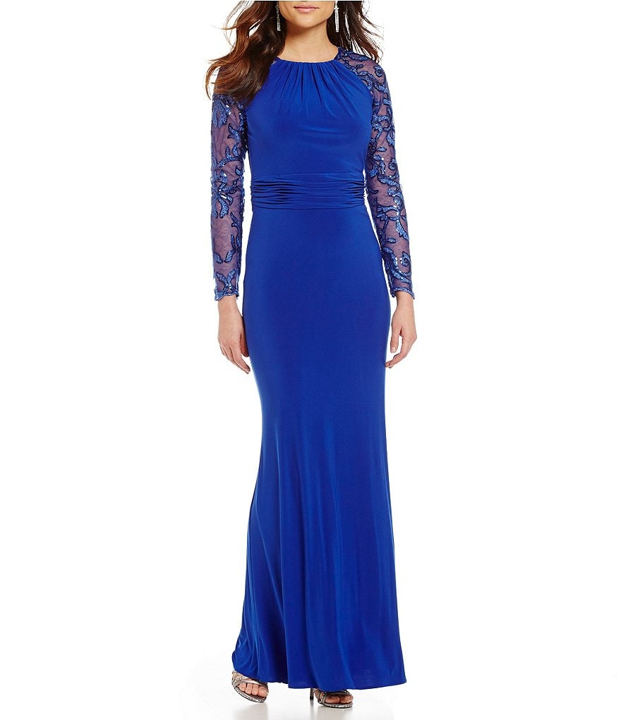 Marina Round Neck Long Sleeve Empire Waist Sequined Gown | Dillards