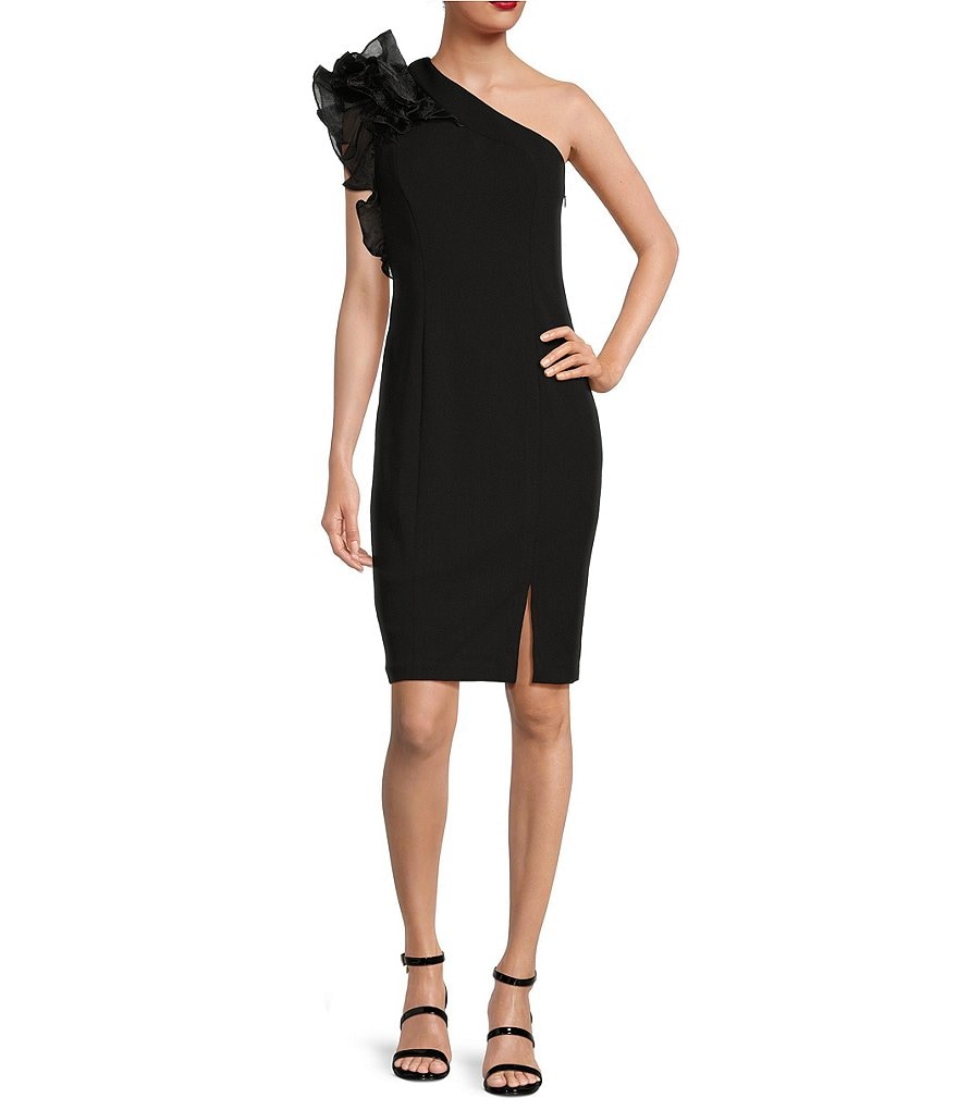 Marina Ruffled One Shoulder Sleeveless Scuba Crepe Sheath