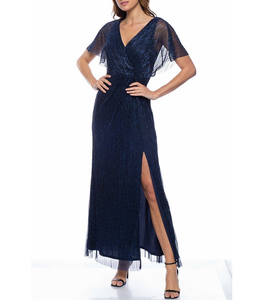 Marina Short Flutter Sleeve V Neck Front Slit Metallic Mesh Gown