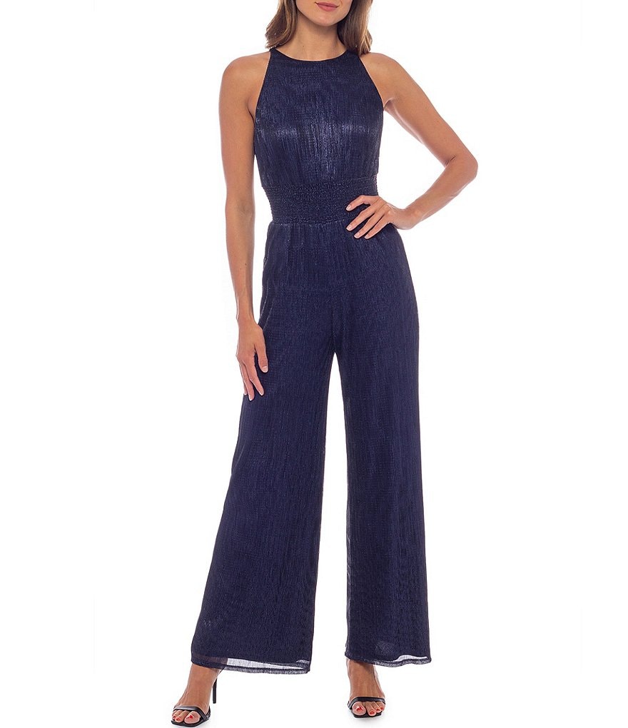 Marina Sleeveless Halter Neck Metallic Smocked Waist Jumpsuit | Dillard's