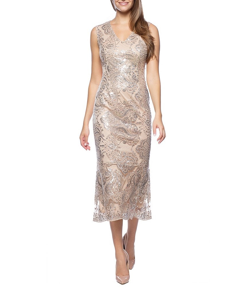 Marina Sleeveless V-Neck Sequin Lace Midi Dress, Womens, 10, Champagne