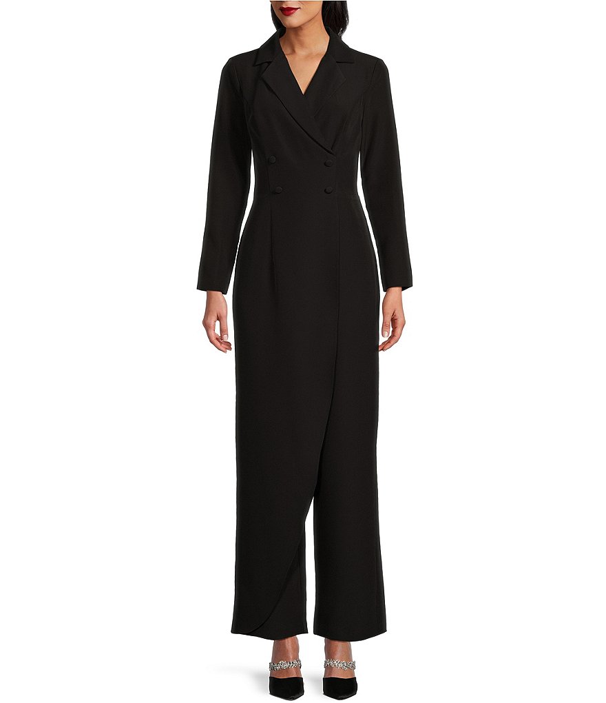 Long Sleeve Crepe Jumpsuit With Tuxedo Collar In Black