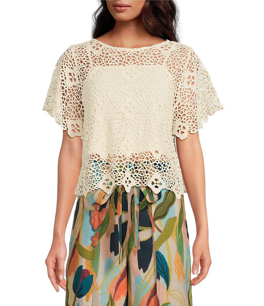Mestiza New York Pasay Crochet Boat Neck Short Flutter Sleeve Cropped ...