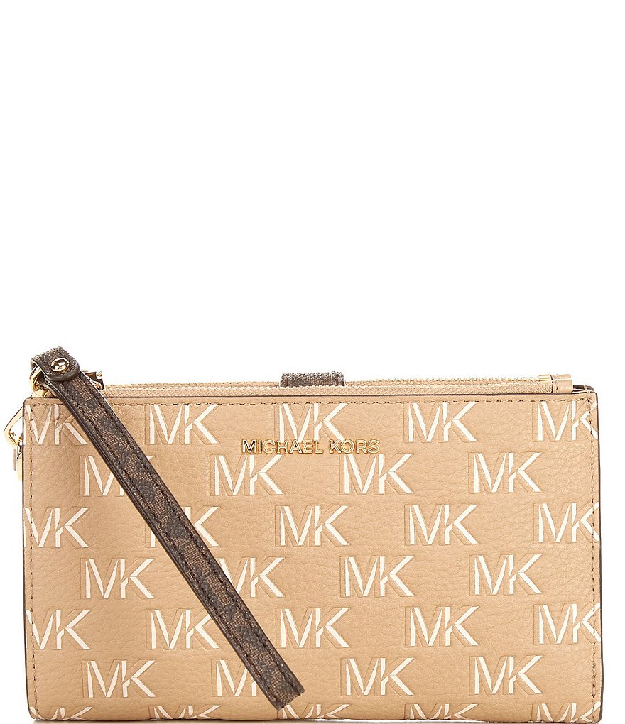 Michael Kors Jet Set Travel Large Double Zip Phone Wallet Wristlet MK Brown