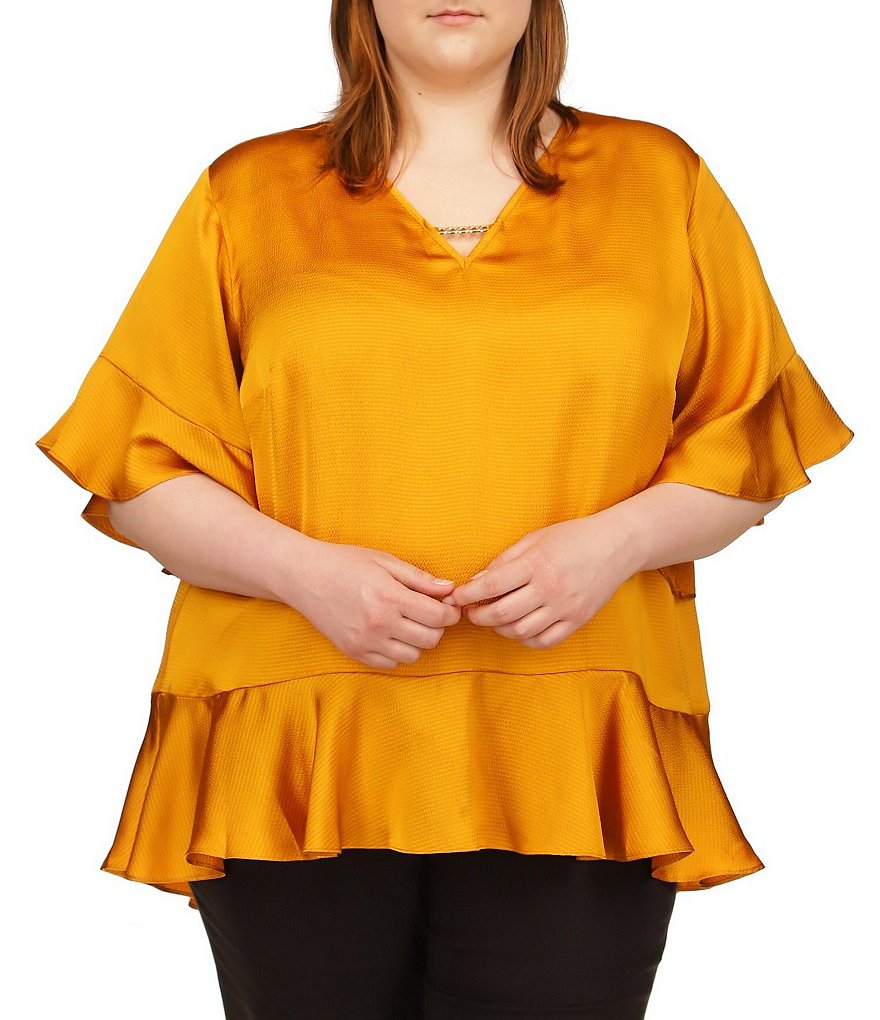 MICHAEL Michael Kors Plus Size Chain Detailed V-Neck Short Flutter Sleeve  Blouse | Dillard's