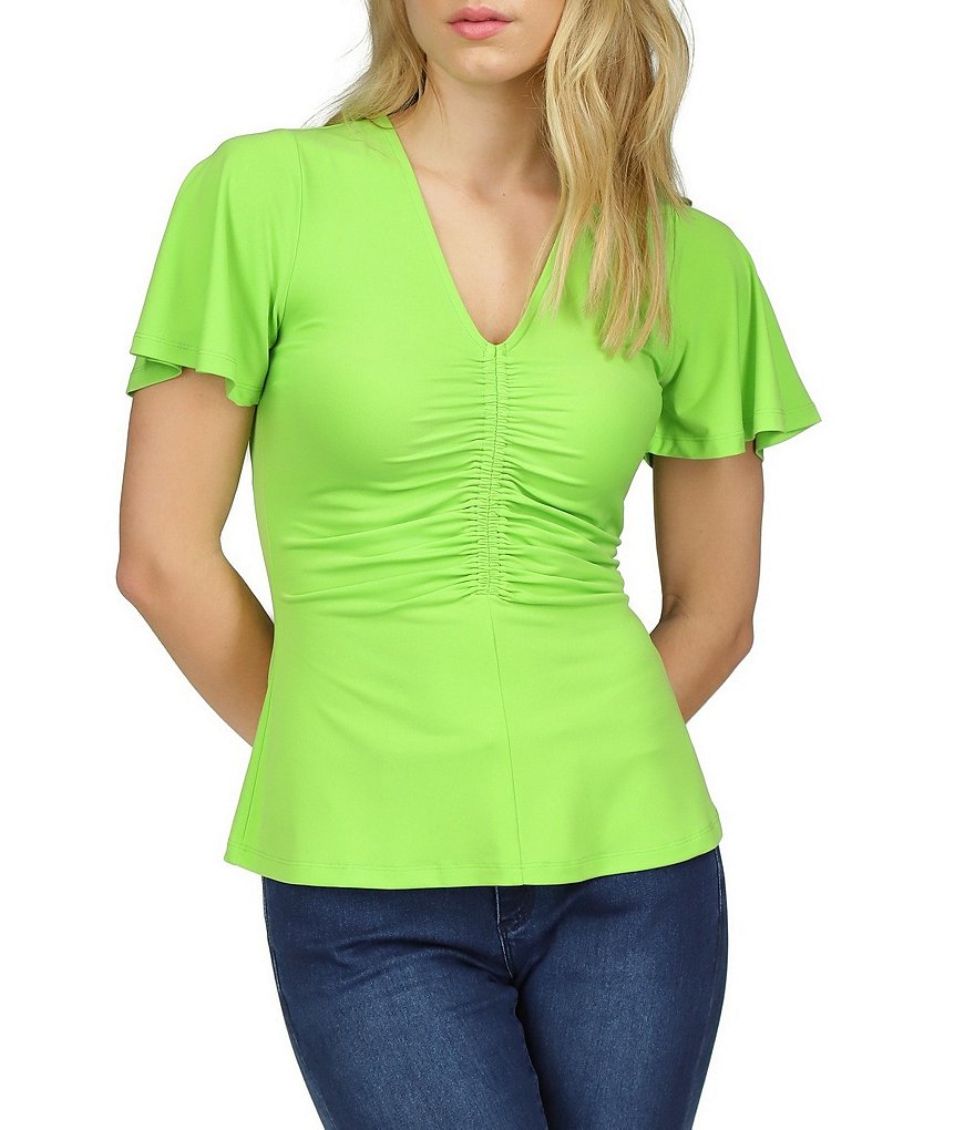 Michael Kors Stretch Matte Jersey V-Neck Short Flutter Sleeve Ruched ...