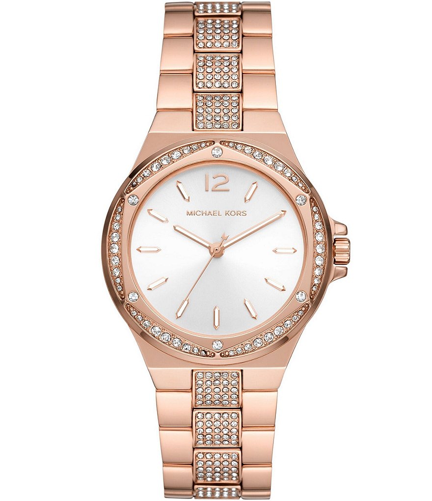 Michael Kors Womens Lennox Three Hand Rose Gold Tone Stainless Steel Bracelet Watch Dillards 2052