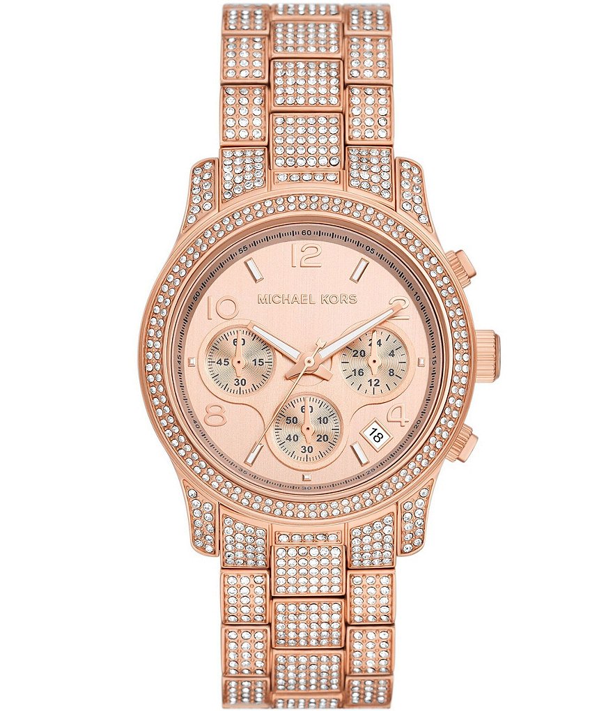 Michael Kors Women s Runway Chronograph Rose Gold Tone Diamond Stainless Steel Bracelet Watch Dillard s