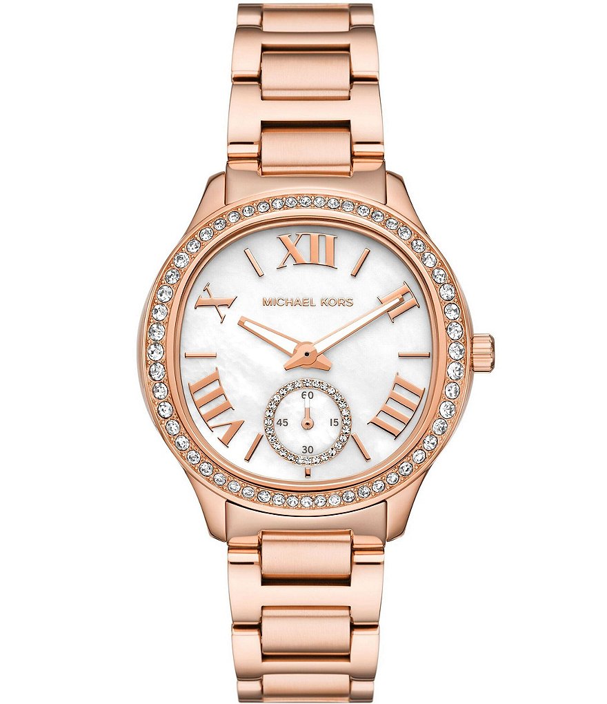 Michael Kors Women s Sage Three Hand Crystal Rose Gold Tone Stainless Steel Bracelet Watch Dillard s