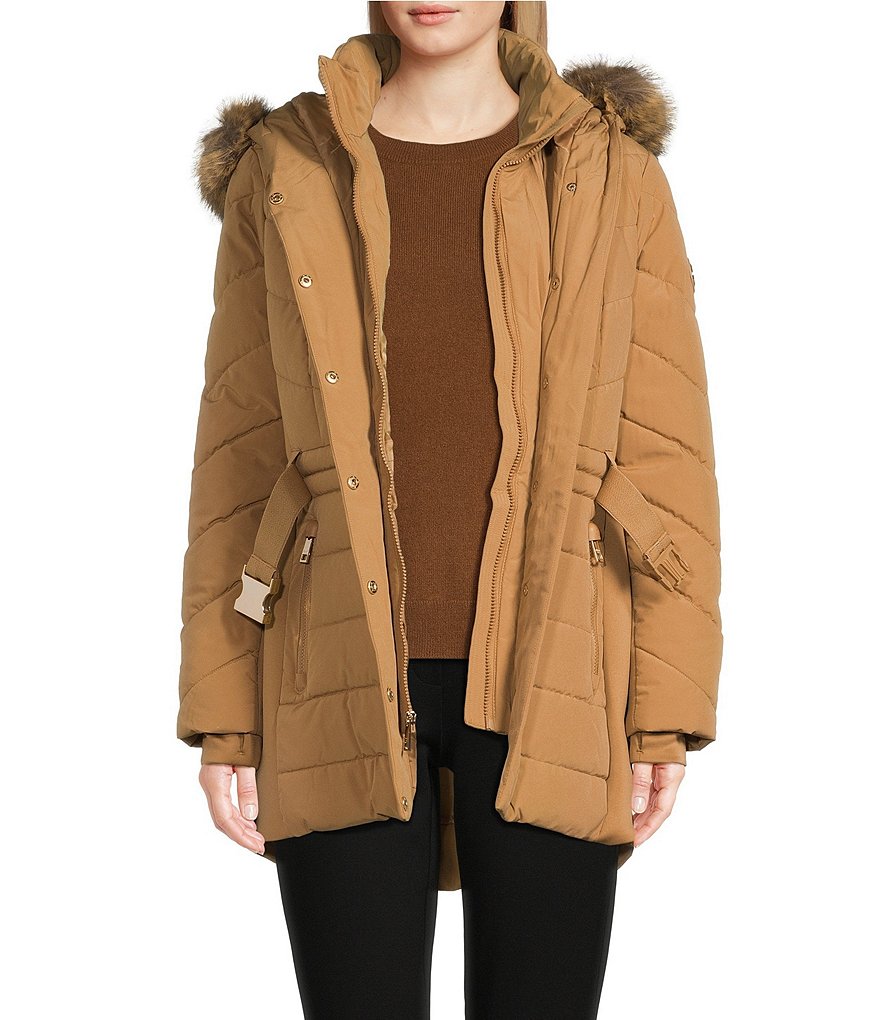 MICHAEL Michael Kors Faux Fur Strip Hooded Stand Collar Snap Front