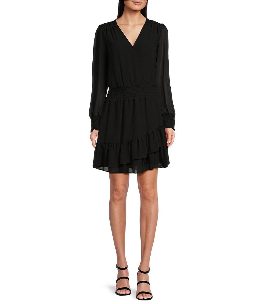 MICHAEL Michael Kors Georgette Surplice V-Neck Long Cuff Sleeve Smocked ...