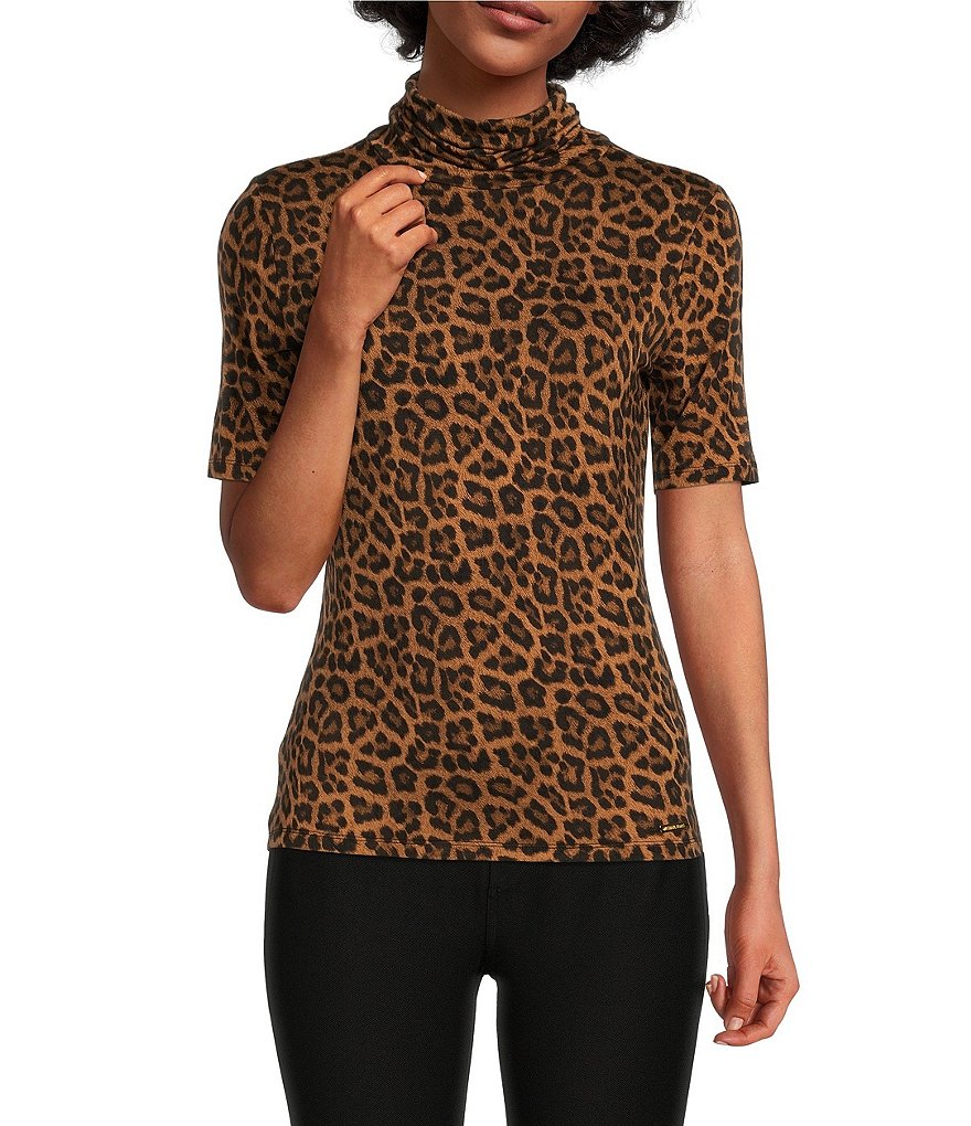 MICHAEL Michael Kors Leopard Print Knit Jersey Short Sleeve Turtleneck Top