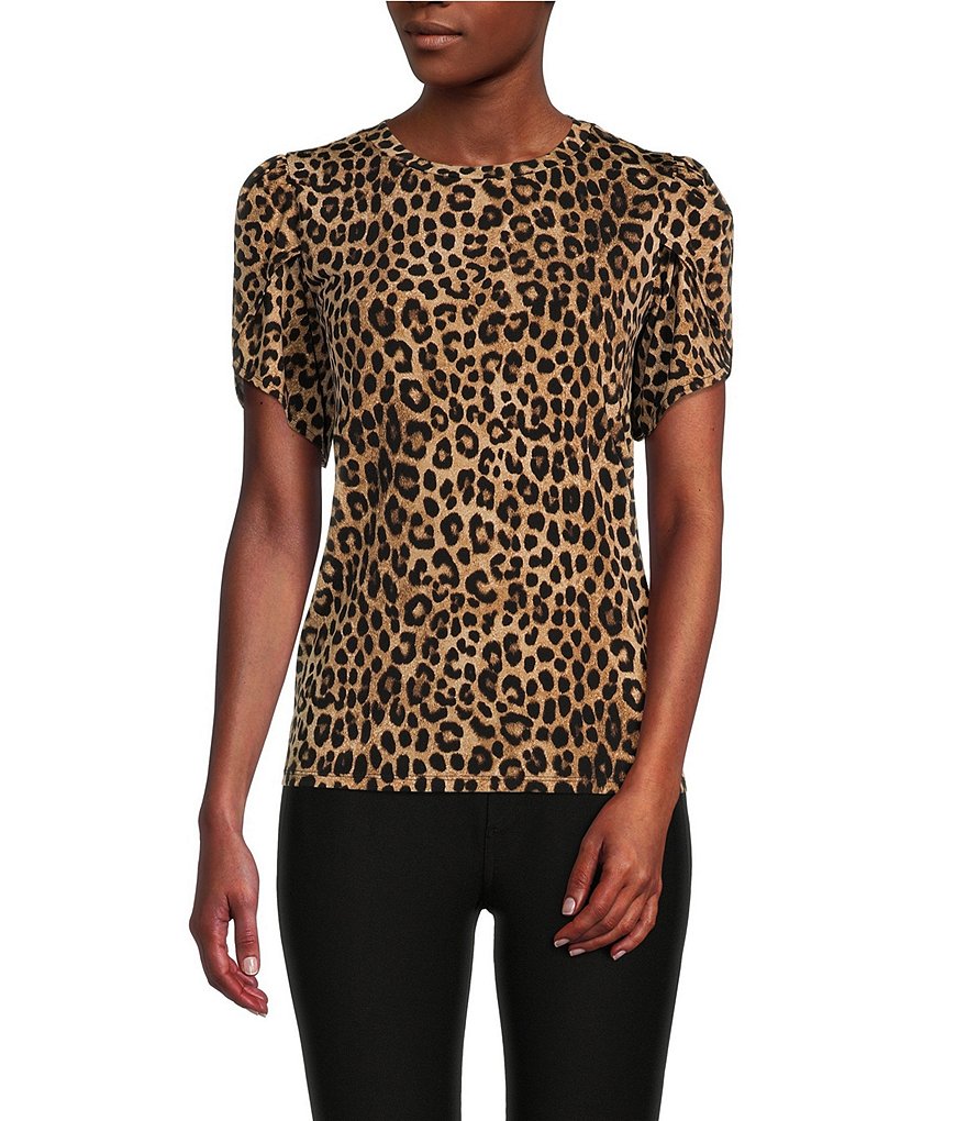 MICHAEL Michael Kors Leopard Print Matte Jersey Round Neck Short Tulip  Sleeve Tee | Dillard's