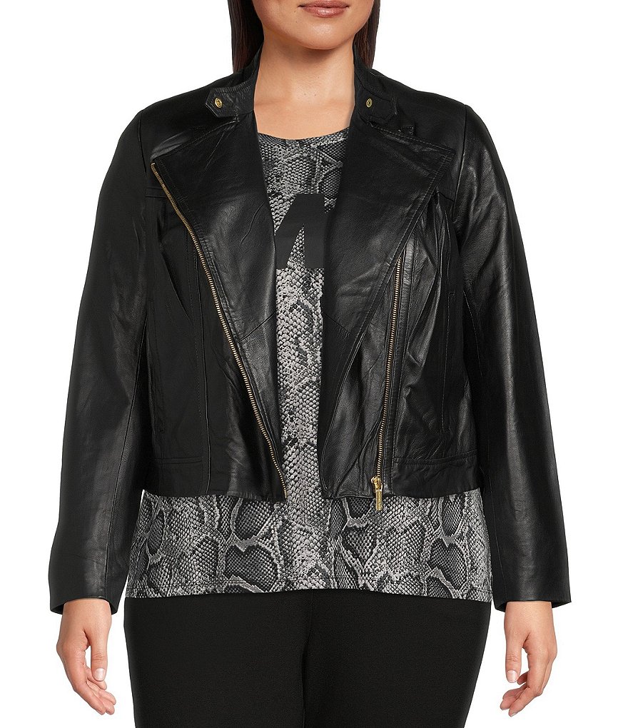 MICHAEL Michael Kors Plus Size Genuine Leather Long Sleeve Moto Jacket |  Dillard's