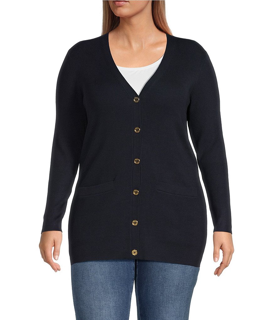 MICHAEL Michael Kors Plus Size Ribbed Knit V-Neck Long Sleeve Fitted Button  Front Cardigan