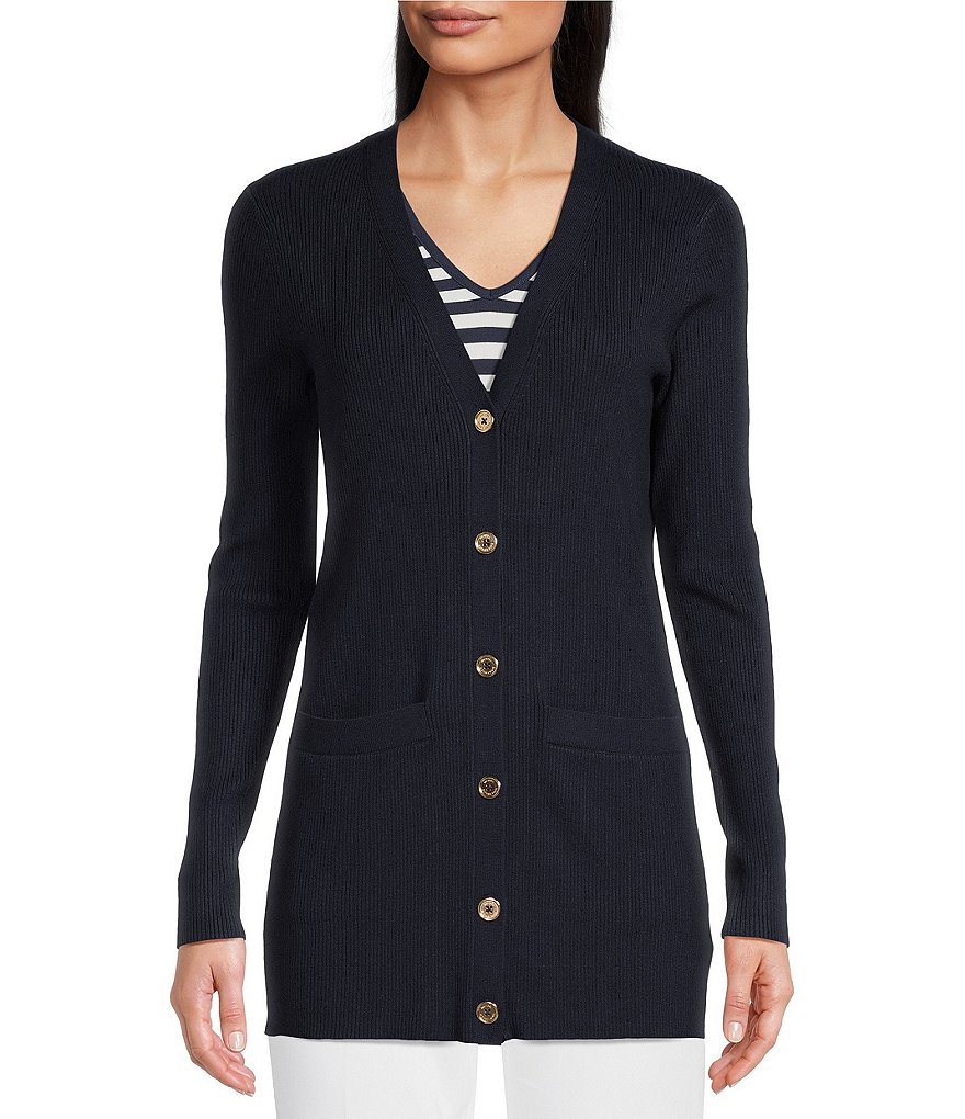 MICHAEL Michael Kors Ribbed Knit V-Neck Long Sleeve Fitted Button Front  Cardigan