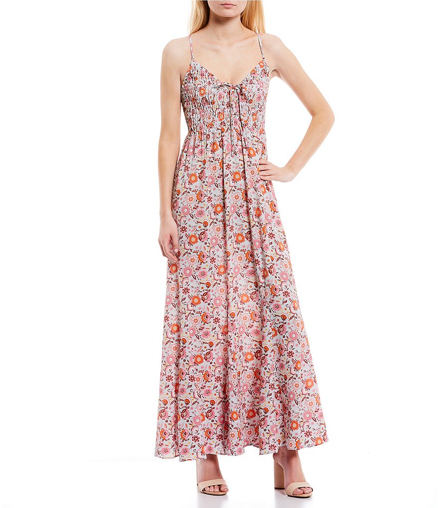 Midnight Doll Floral Print Tie Front Smocked Maxi Dress | Dillard's