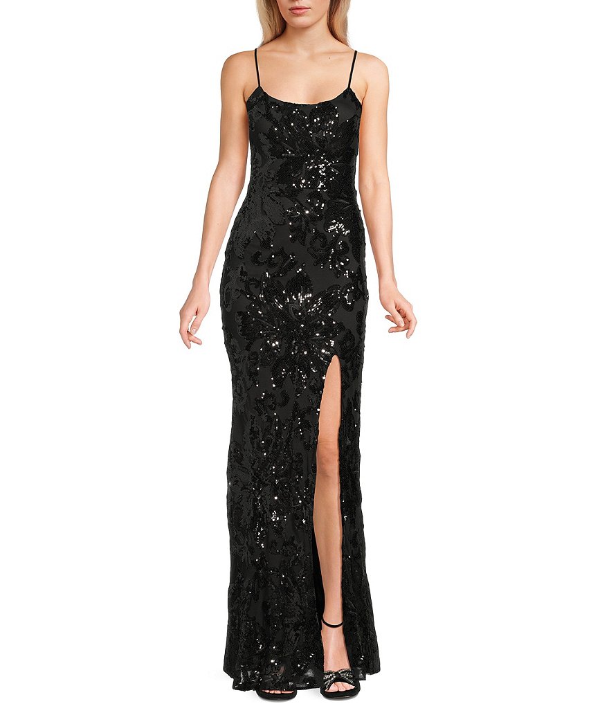 little black dress 2025 Black Sequin Spaghetti Strap Prom Dress High Slit Sexy Formal Dress Ms –  Msikoods Official Store