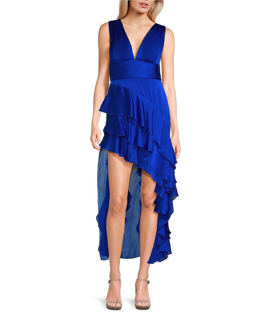 Midnight Doll V-Neck Asymmetric Ruffle Dress | Dillard's