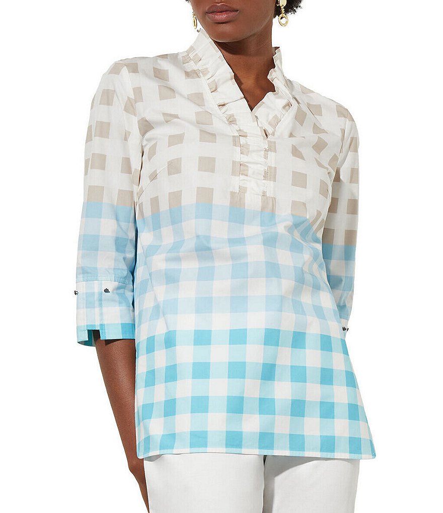 Ming Wang Cotton Poplin Colorblock Windowpane Plaid Print Ruffled V Neck 34 Sleeve Side Slit 2481