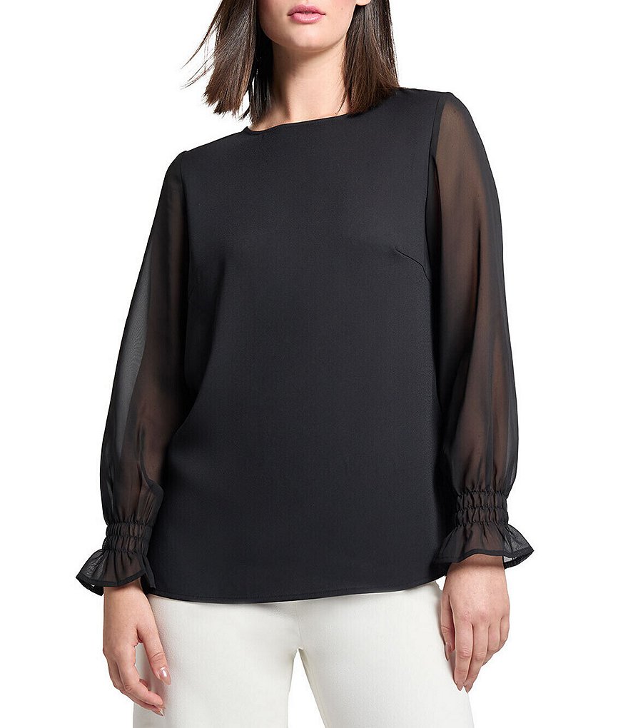 Ming Wang Crepe De Chine Round Neck Sheer Long Sleeve Blouse