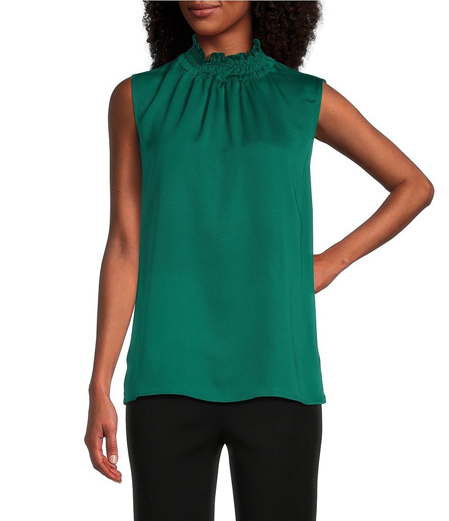 Ming Wang Crepe de Chine Woven Mock Neck Sleeveless Blouse