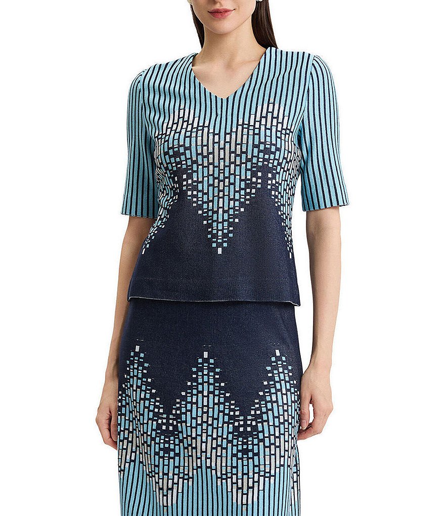 Ming Wang Linear Ombre Sift Knit V-Neck Short Sleeve Top | Dillard's
