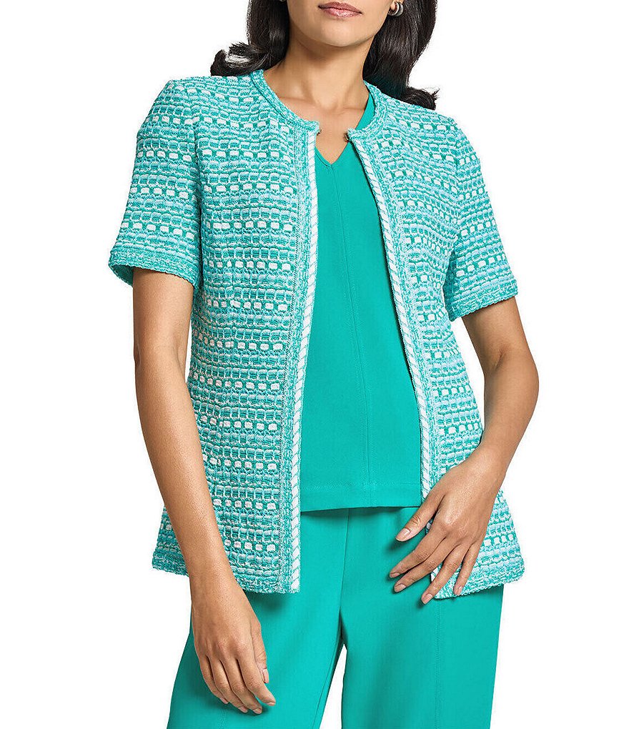 Ming Wang Multi-Stitch Knit Crew Neck Short Sleeve Tailored Ming Wang Multi-Stitch Knit Crew Neck Short Sleeve Tailored